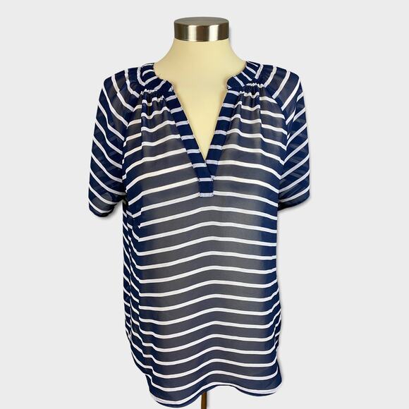 a.n.a A New Approach Blouse V Neck Short Sleeve Blue Stripe Small Sheer - Picture 1 of 7